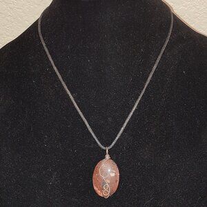 Cabochon Mahogany Jasper Pendant Metal Art on Black String Necklace Natural Rock